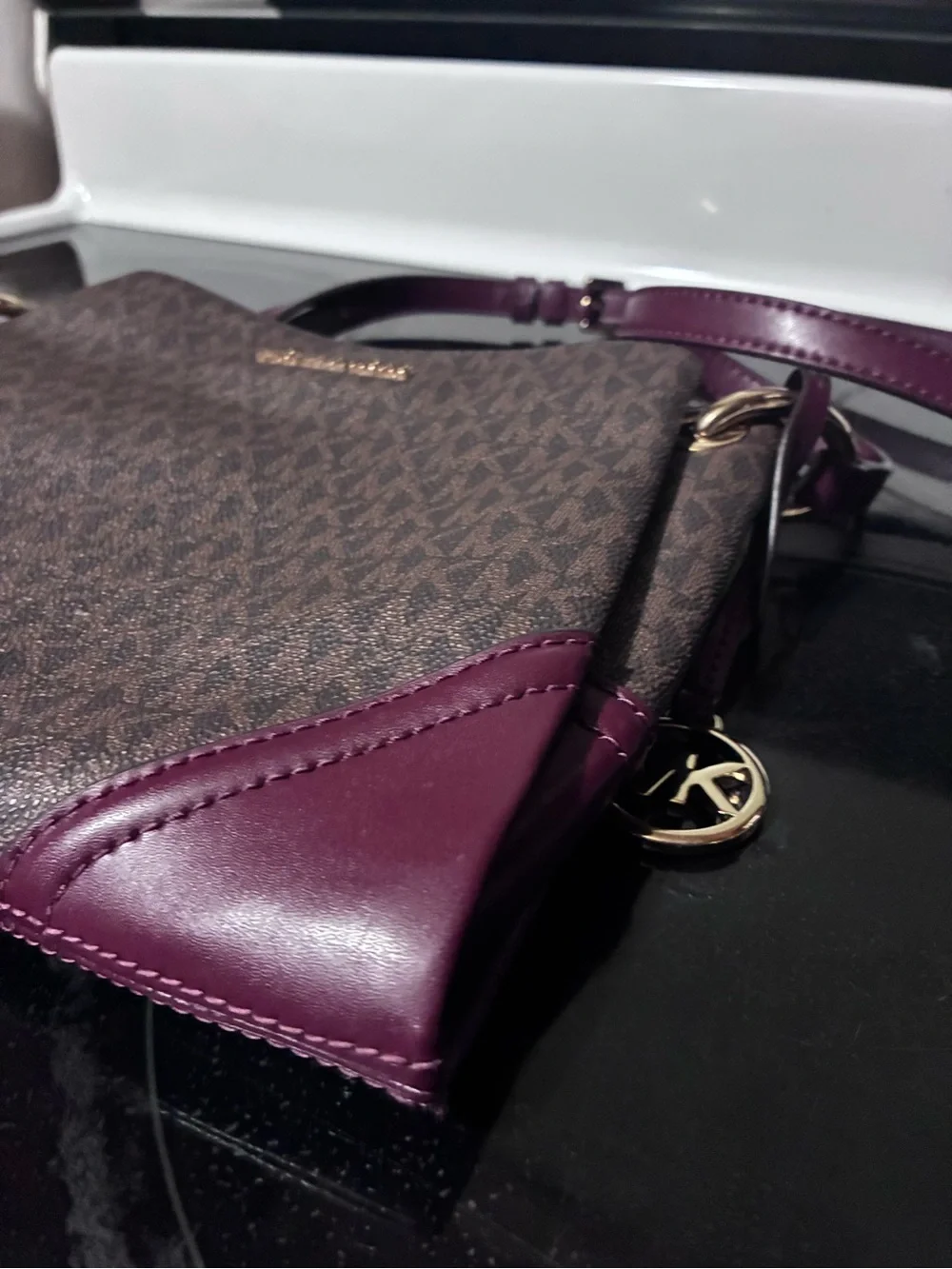 Michael Kors Brown MK Logo Large Crossbody with Plum Trim and Gold Hardware